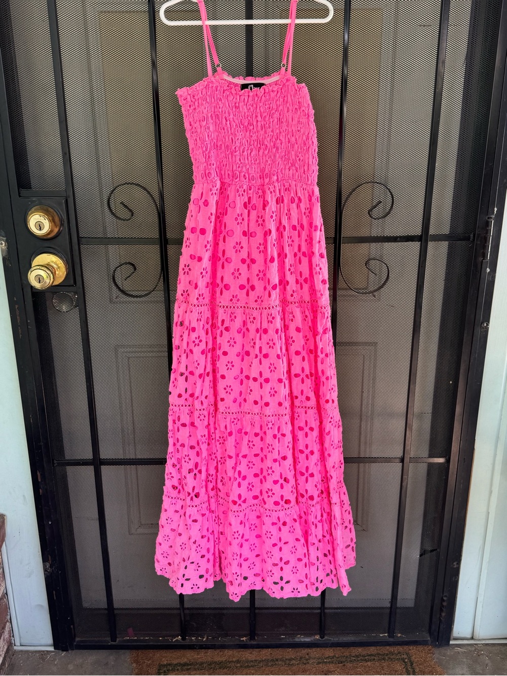 FLOWERS BY ZOE maxi dress in pink coral hot pink eyelet smocked size L - Picture 2 of 10